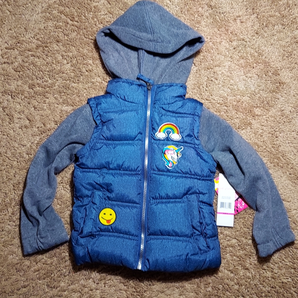 Blue Hooded Puffer Vest with Patches